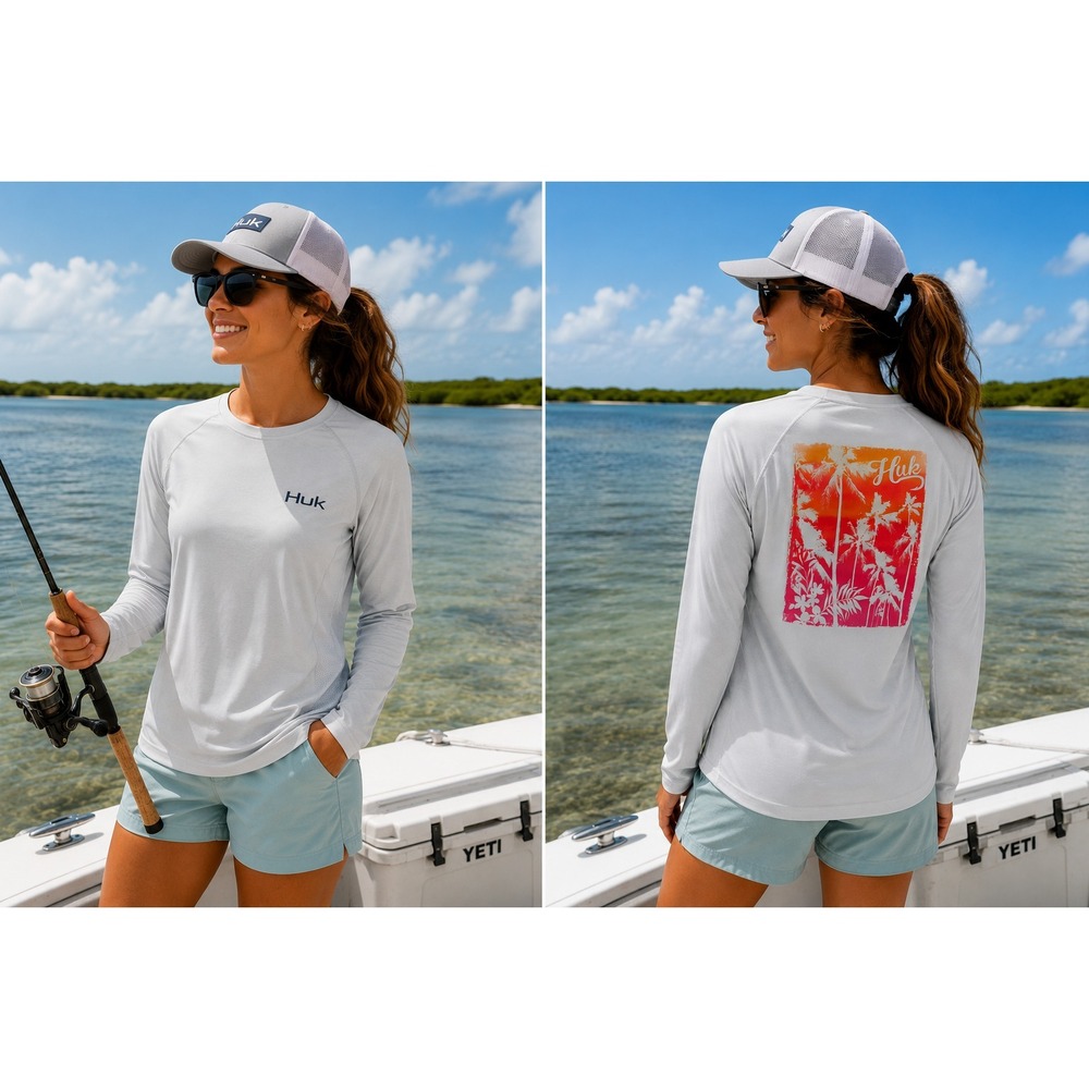 Womens Huk  Perfomance Top Womens XS Light Gray Blue Back Graphic Fishing UPF 50